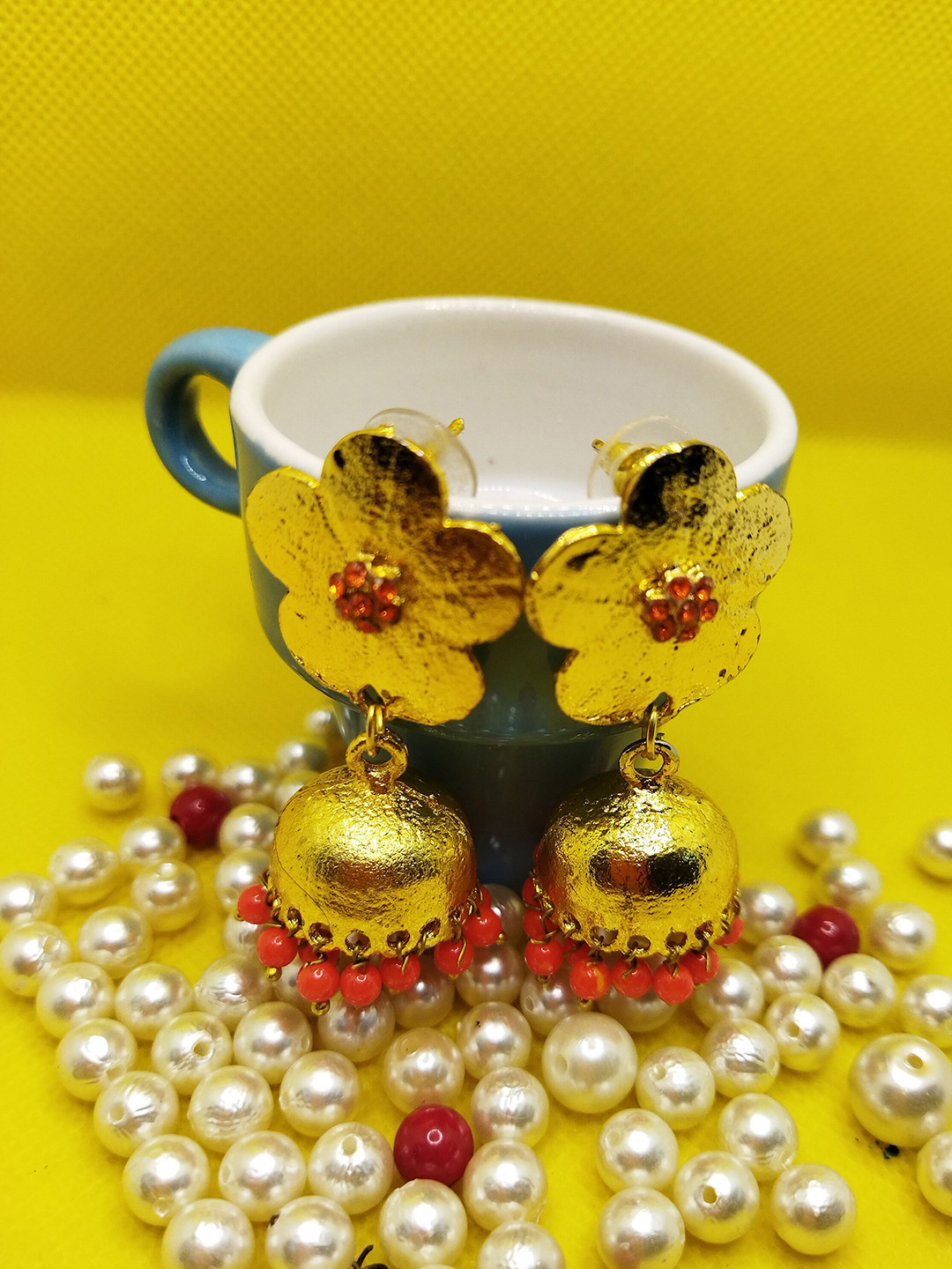 

Kshitij Jewels Gold-Plated & Red Floral Jhumkas Earrings