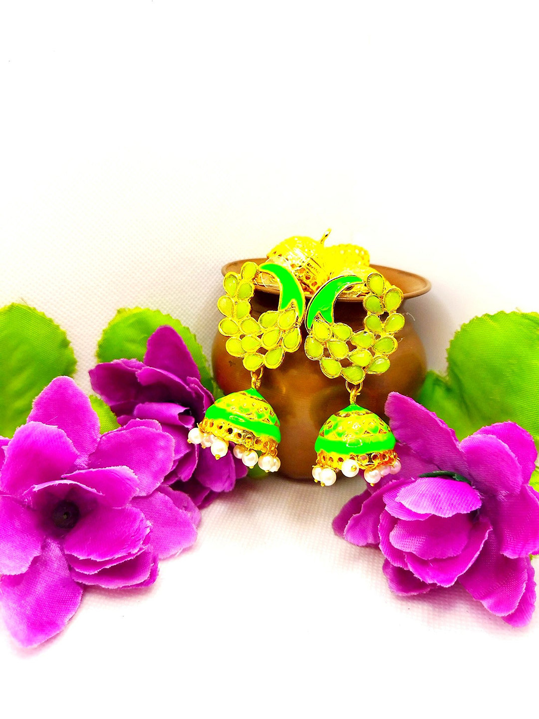 

Kshitij Jewels Green Gold-Plated Peacock Shaped Jhumkas Earrings