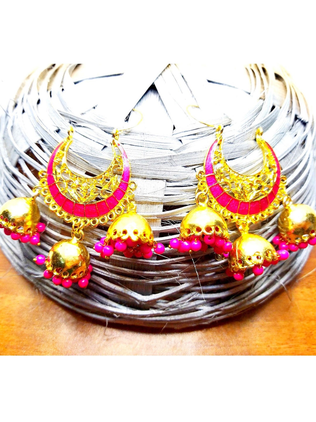 

Kshitij Jewels Fuchsia & Gold-Toned Circular Jhumkas Earrings