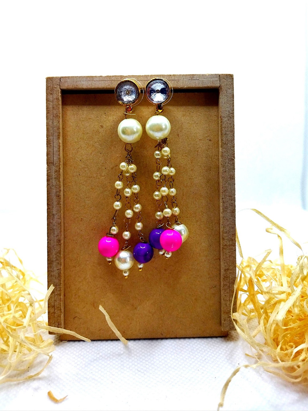 

Kshitij Jewels Gold-Plated White & Blue Beaded Contemporary Drop Earrings