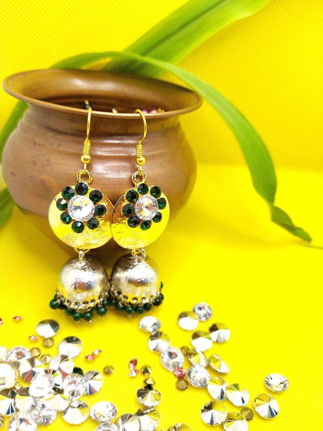 

Kshitij Jewels Green Circular Jhumkas Earrings
