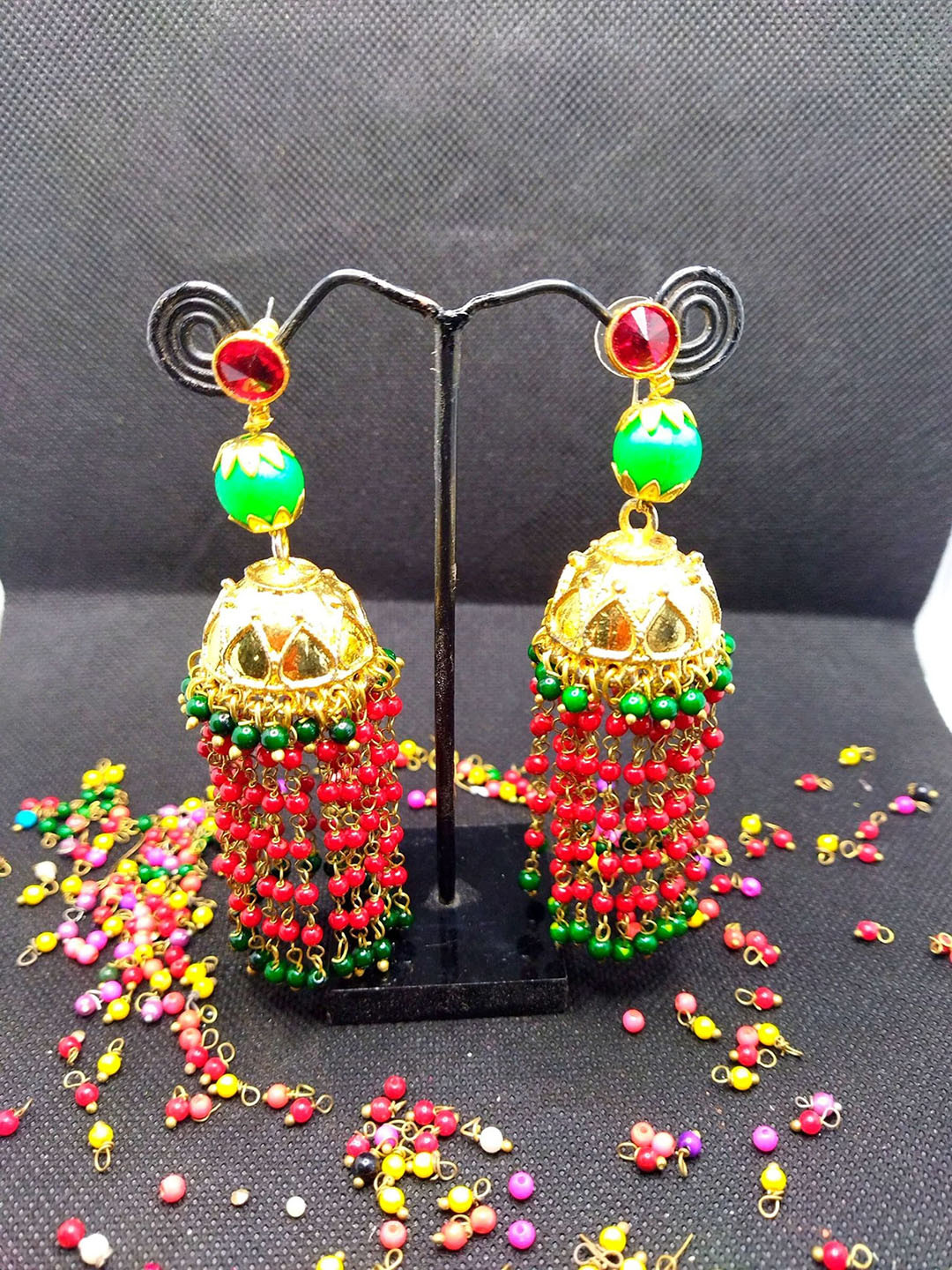 

Kshitij Jewels Red & Green Dome Shaped Gold-Plated Jhumkas Earrings