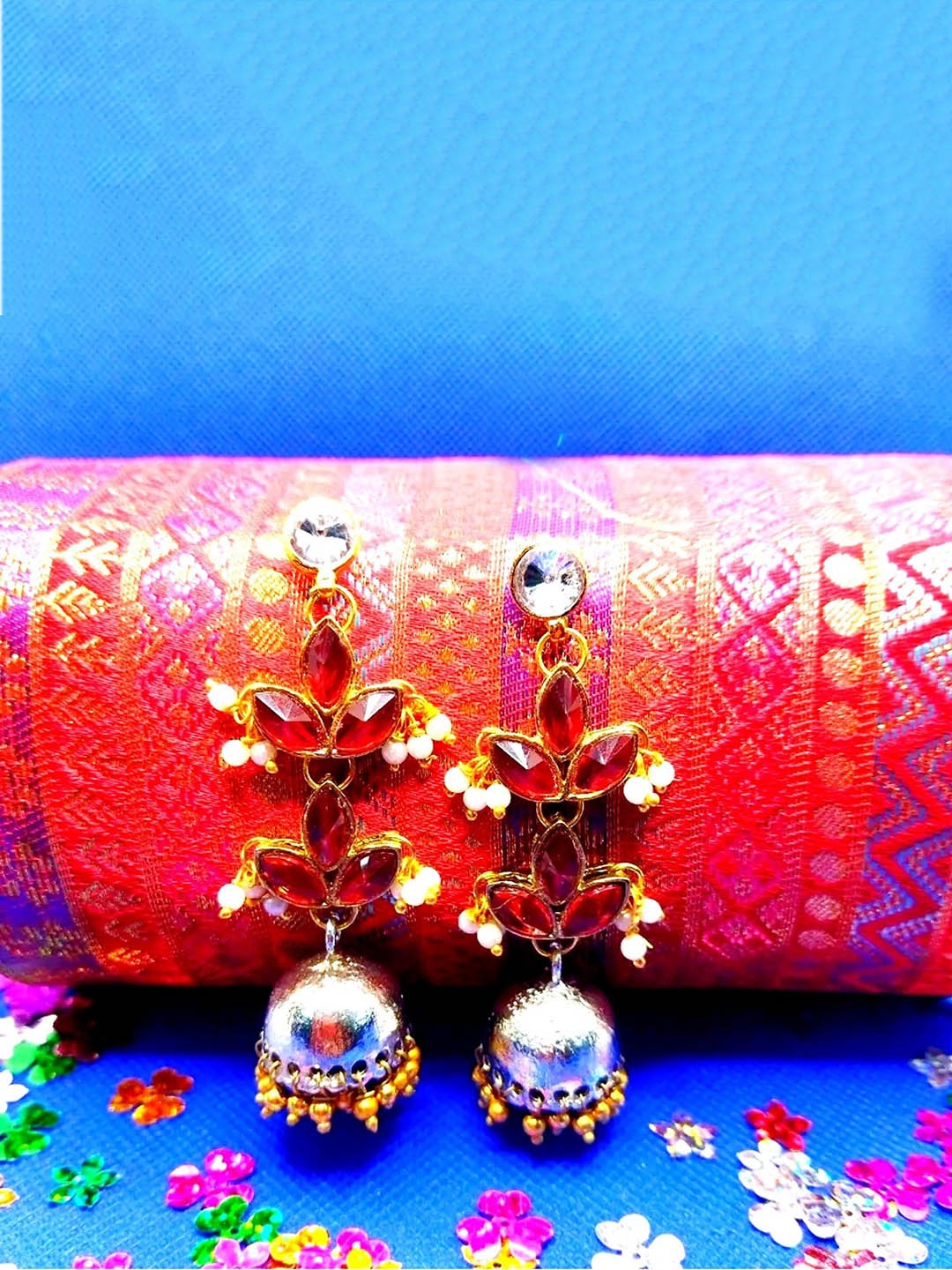

Kshitij Jewels Red Gold-Plated Leaf Shaped Drop Earrings