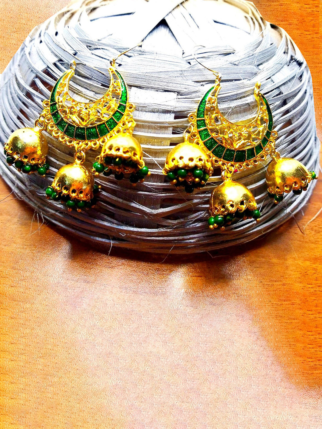 

Kshitij Jewels Green Circular Jhumka Chandbalis Earrings