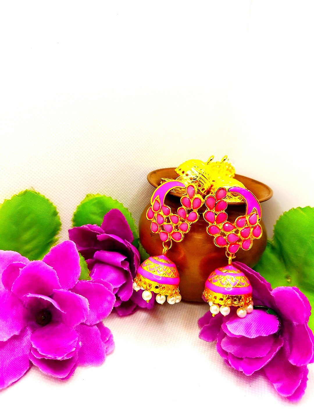 

Kshitij Jewels Women Gold-Plated & Fuchsia Peacock Shaped Jhumkas Earrings