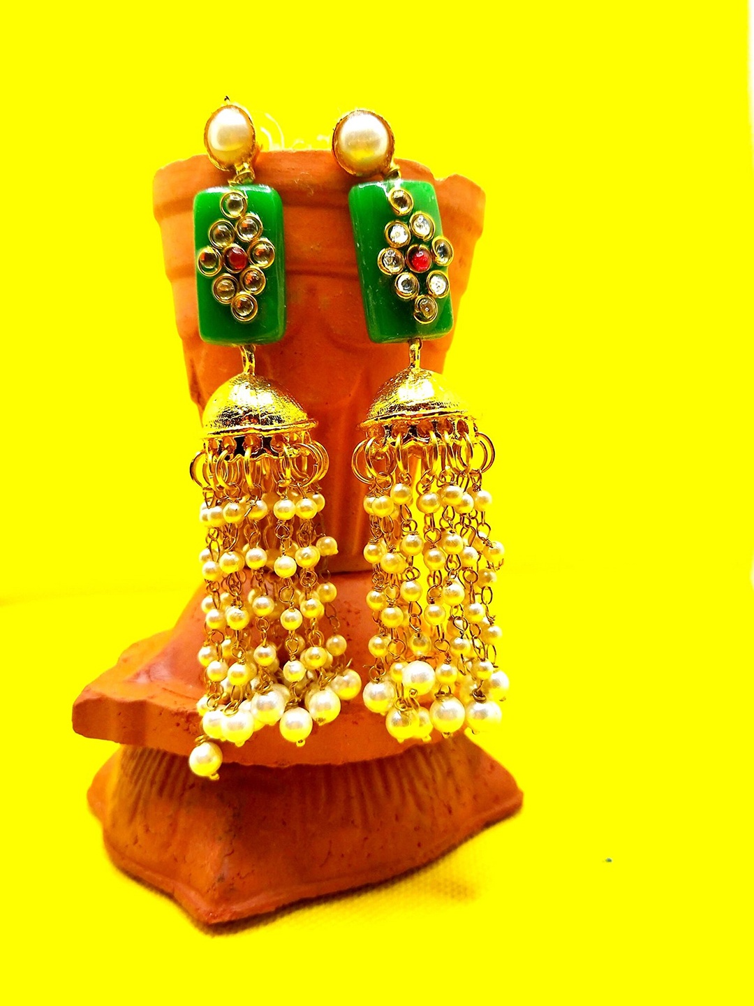 

Kshitij Jewels Gold-Plated Green Dome Shaped Jhumkas Earrings