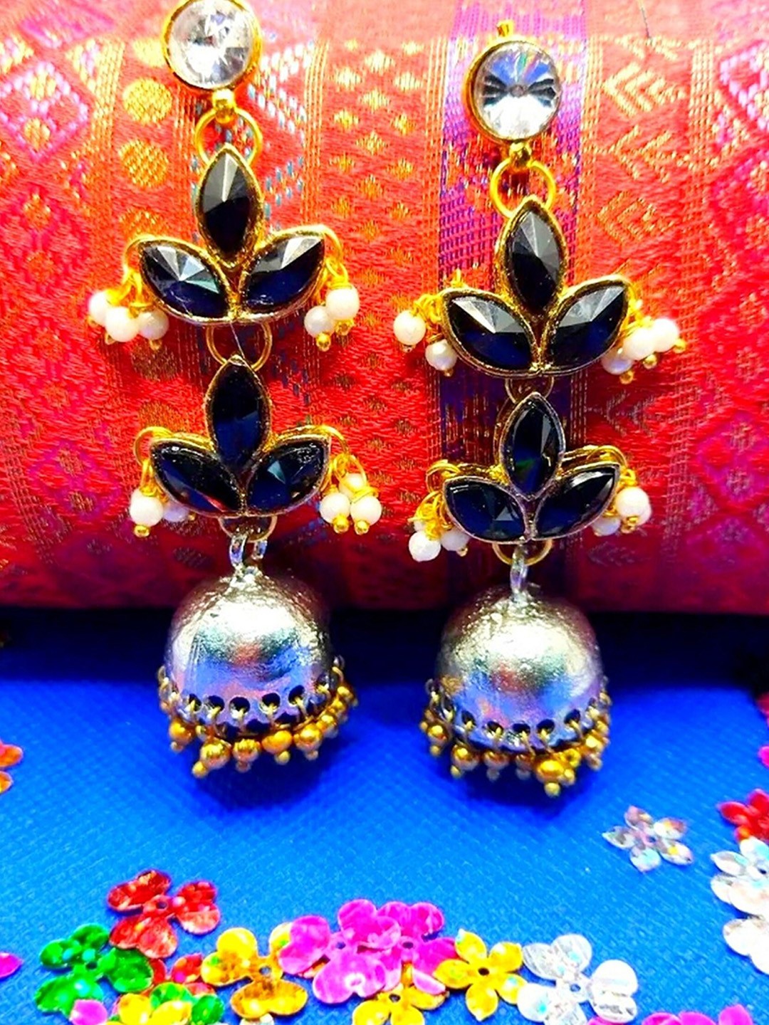 

Kshitij Jewels Black & Gold Silver Plated Leaf Shaped Jhumkas Earrings