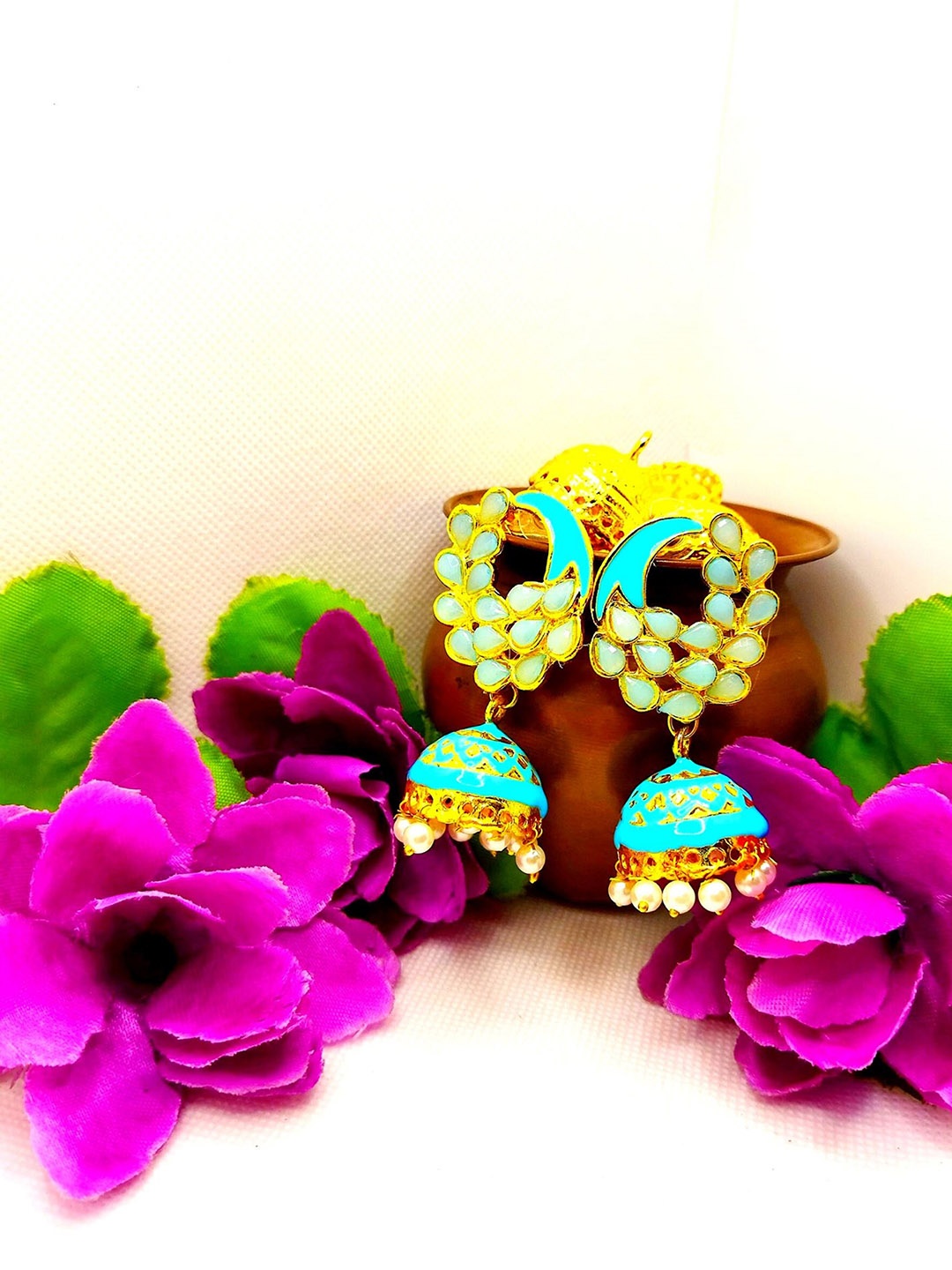 

Kshitij Jewels Turquoise Blue & Gold-Plated Peacock Shaped Jhumkas Earrings