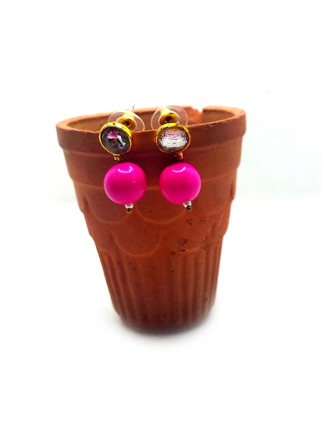 

Kshitij Jewels Fuchsia & White Teardrop Shaped Drop Earrings