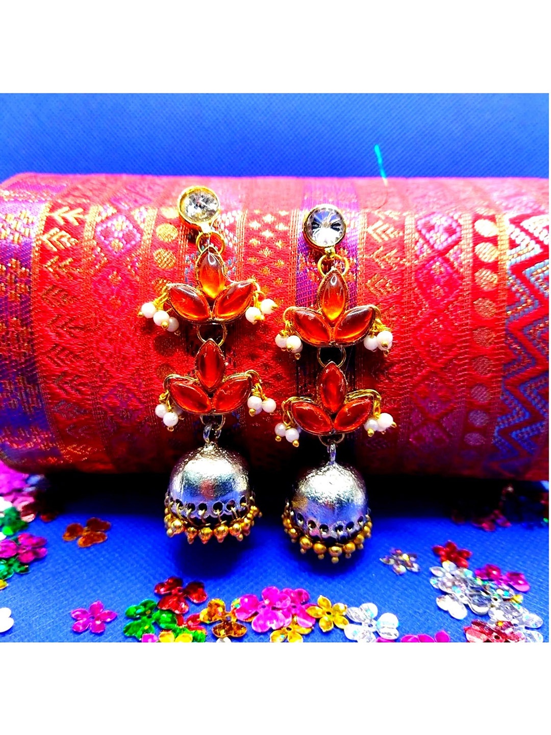 

Kshitij Jewels Orange & Blue Leaf Shaped Silver-Plated Jhumkas Earrings