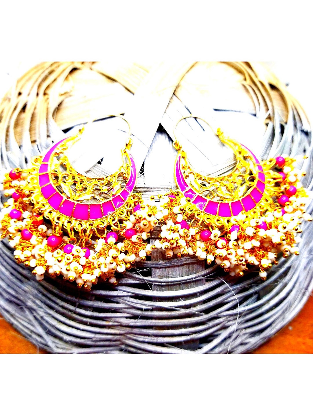 

Kshitij Jewels Women Pink & Gold-Toned Circular Jhumkas Earrings