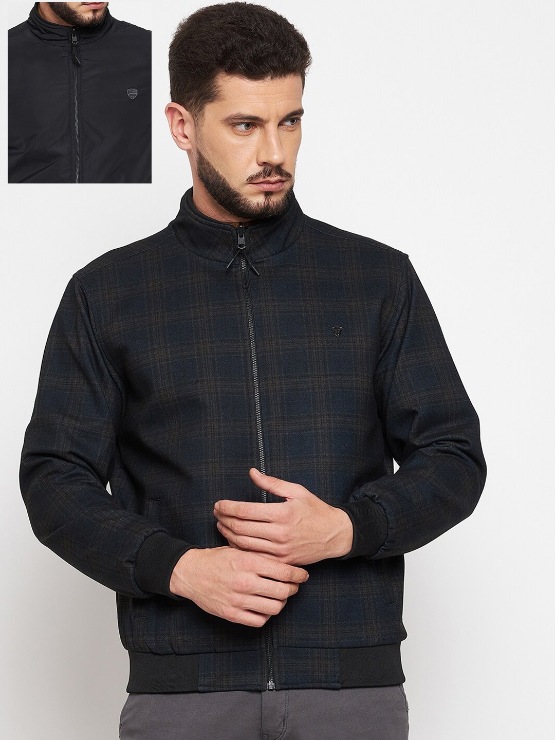 

Okane Men Black Checked Reversible Wool Bomber Jacket