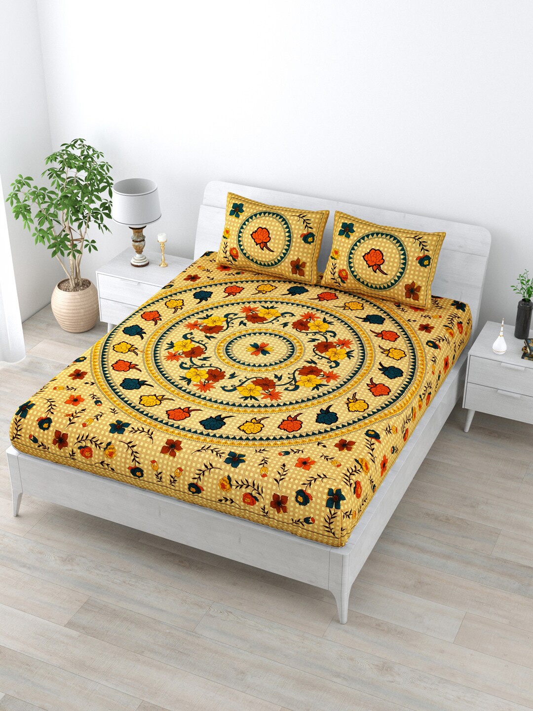 

LIVING ROOTS Yellow & Red Floral Cotton 144 TC Queen Bedsheet with 2 Pillow Covers