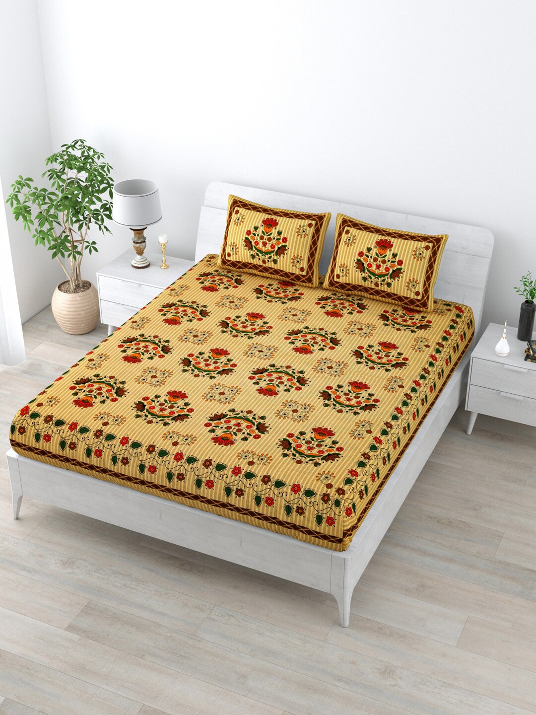 

LIVING ROOTS Yellow & Red Floral Cotton 144 TC Queen Bedsheet with 2 Pillow Covers