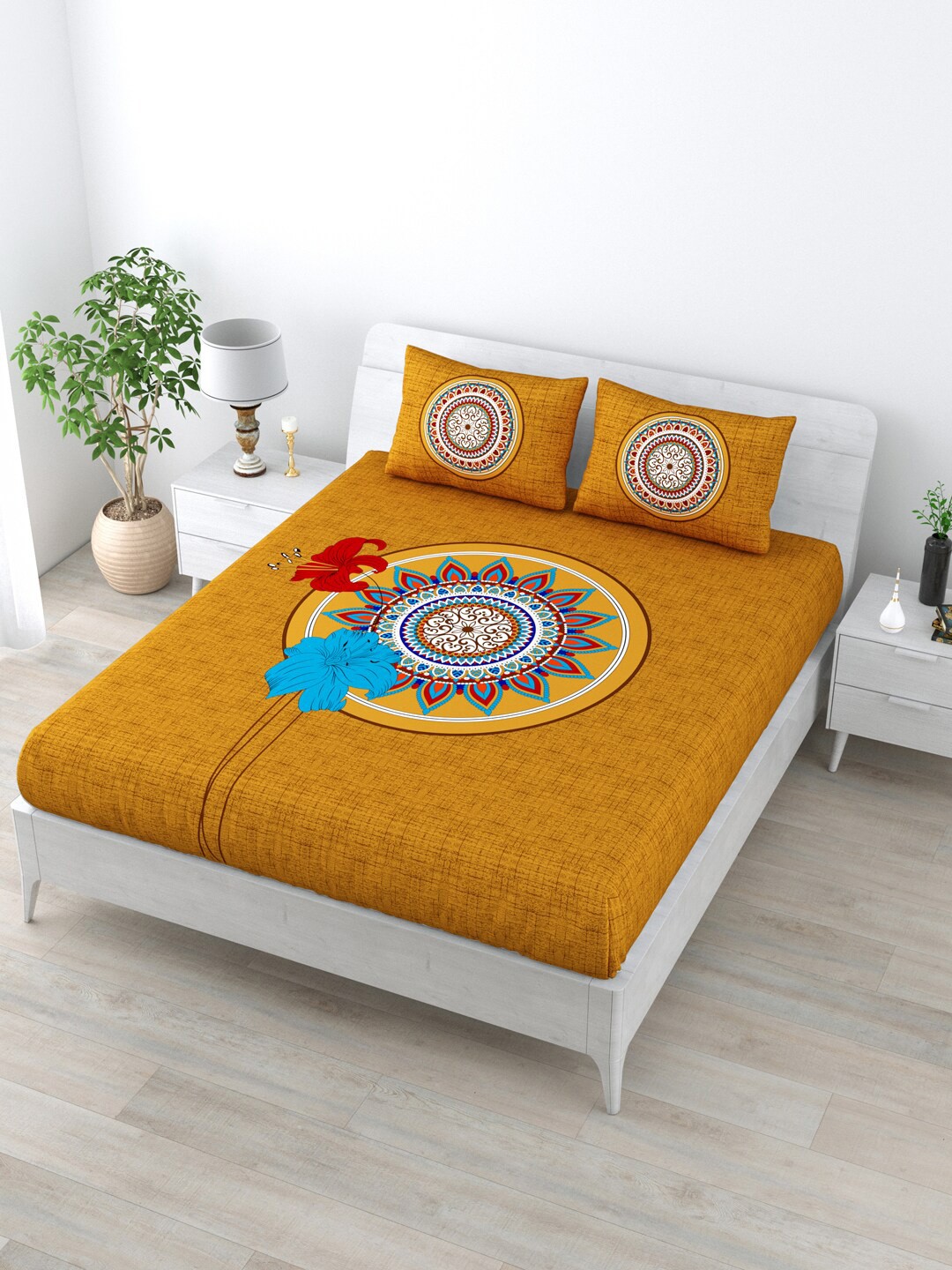 

LIVING ROOTS Mustard & Green Ethnic Motifs Cotton 144 TC Queen Bedsheet with Pillow Covers