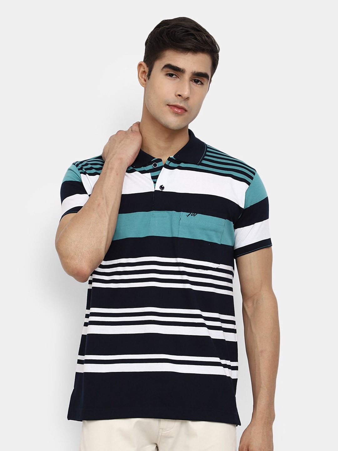 

V-Mart Men Navy Blue & White Striped Polo Collar Cotton T-shirt