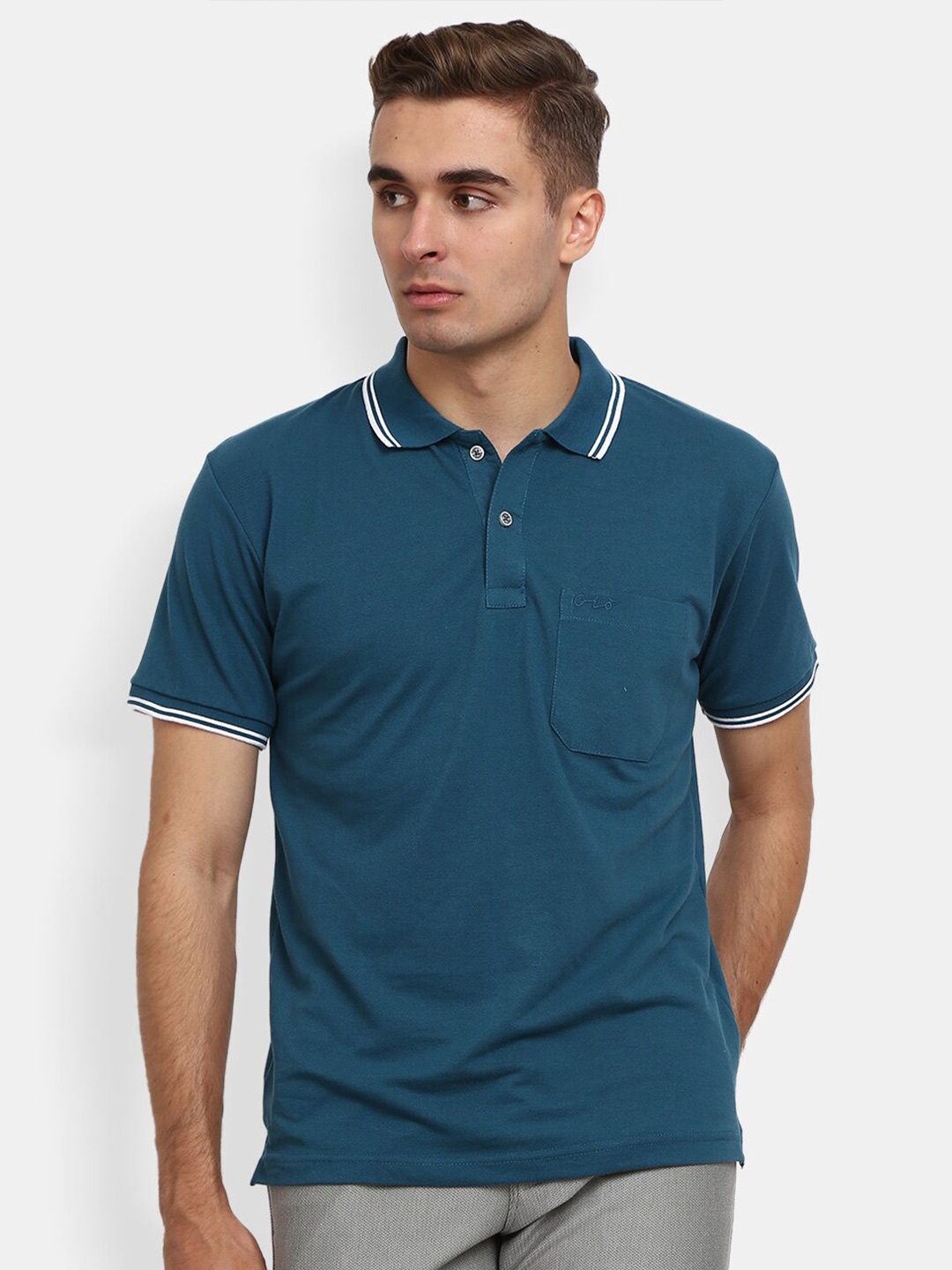 

V-Mart Men Solid Teal Pique Polo Neck Cotton T-Shirt