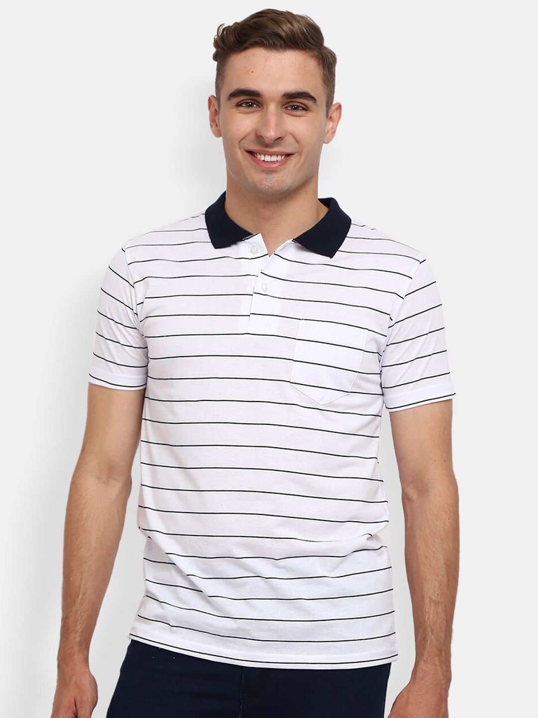 

V-Mart Men White & Black Striped Polo Collar Monochrome Cotton T-shirt