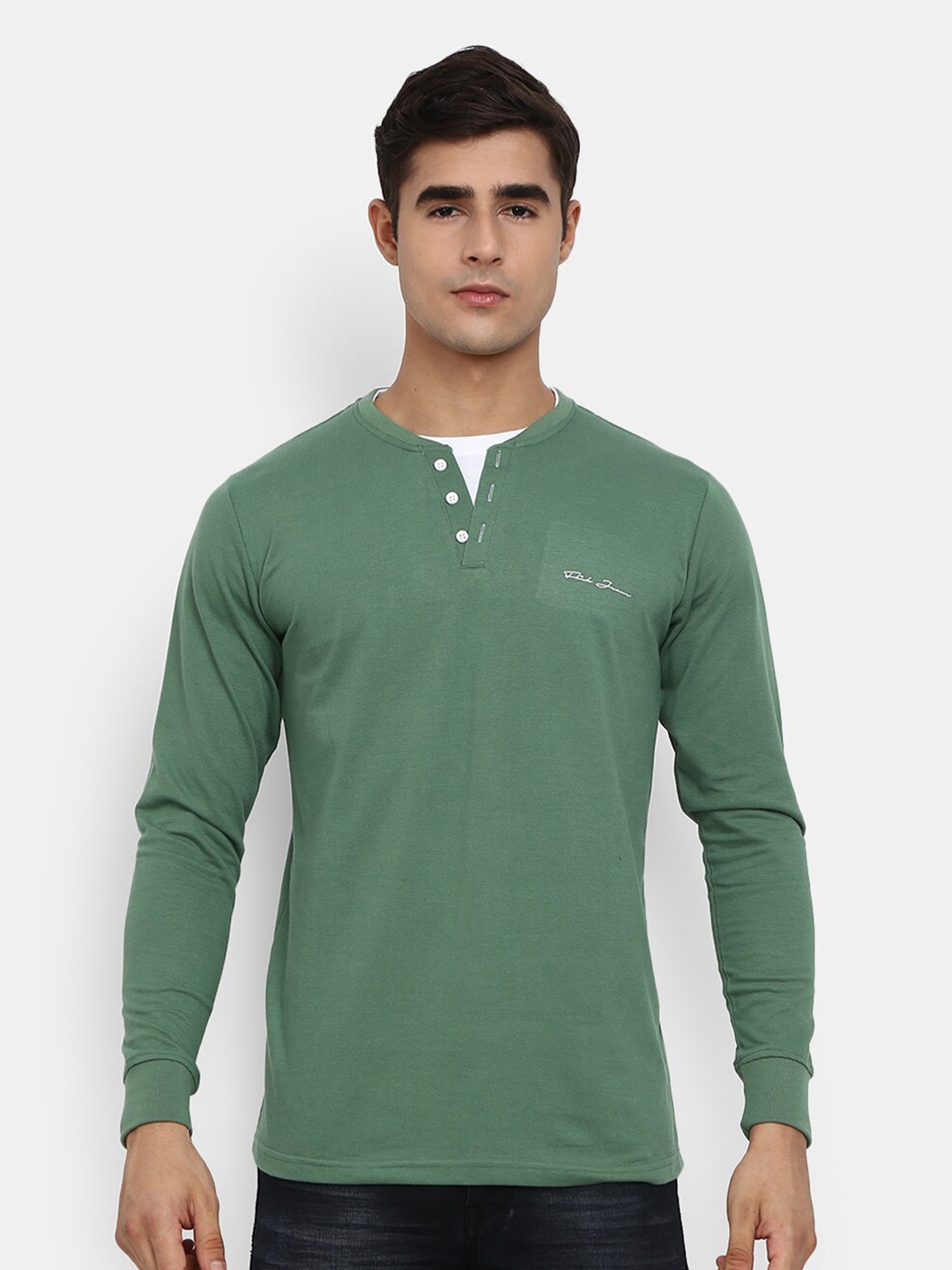 

V-Mart Men Green Henley Neck Cotton T-shirt