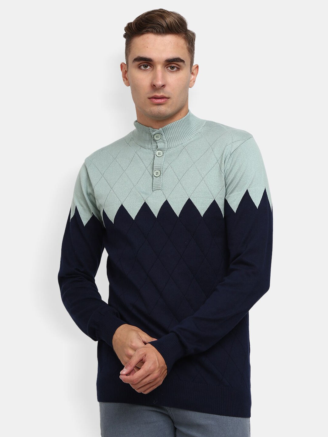 

V-Mart Men Navy Blue & Sea Green Colourblocked Cotton High Neck T-shirt