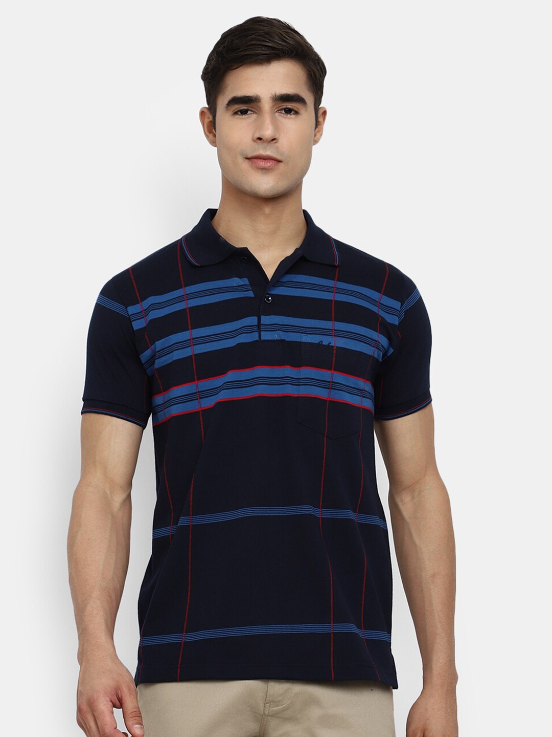 

V-Mart Men Blue & Red Striped Polo Collar T-shirt