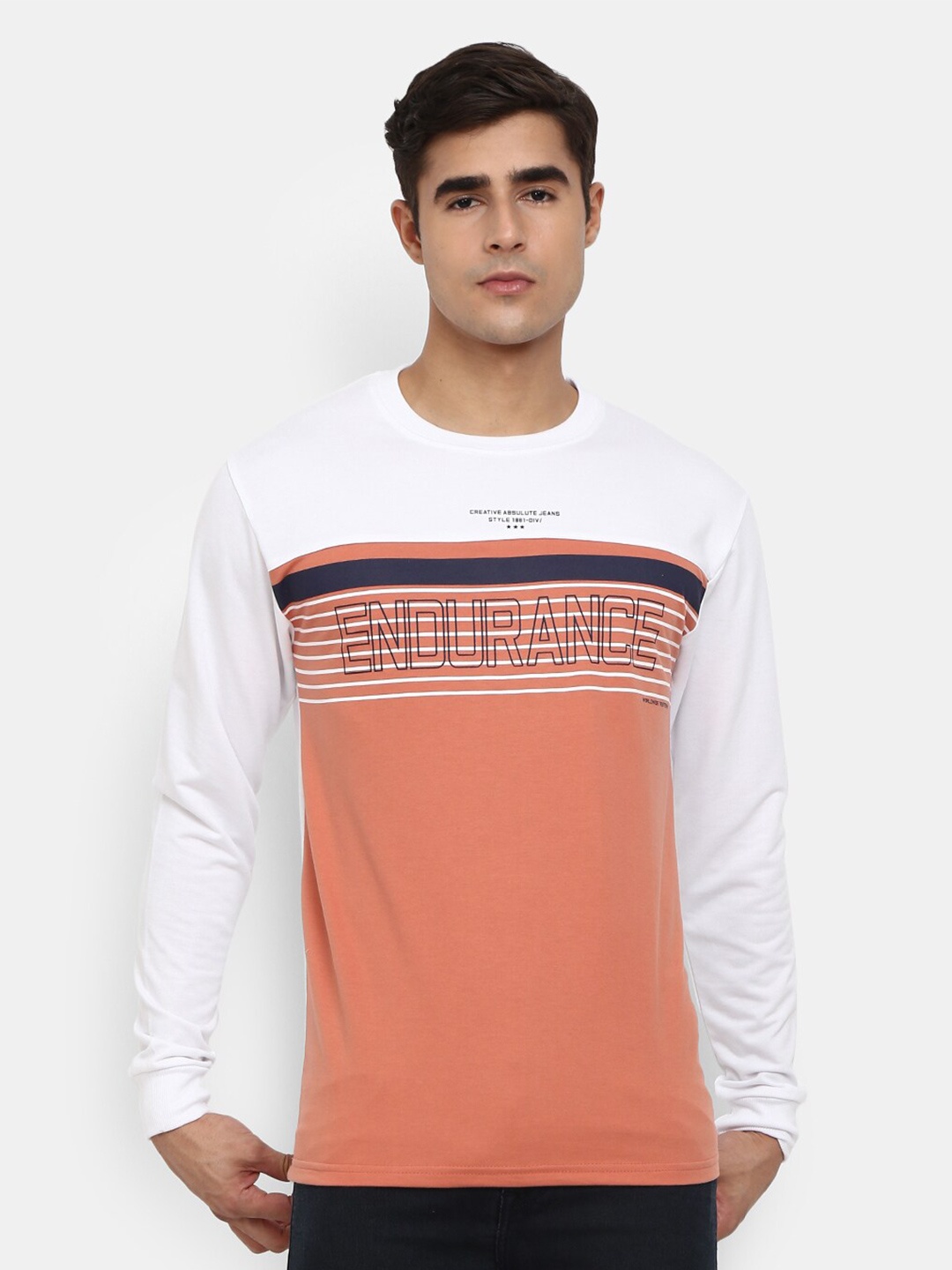 

V-Mart Men Peach-Coloured & White Colourblocked Cotton T-shirt