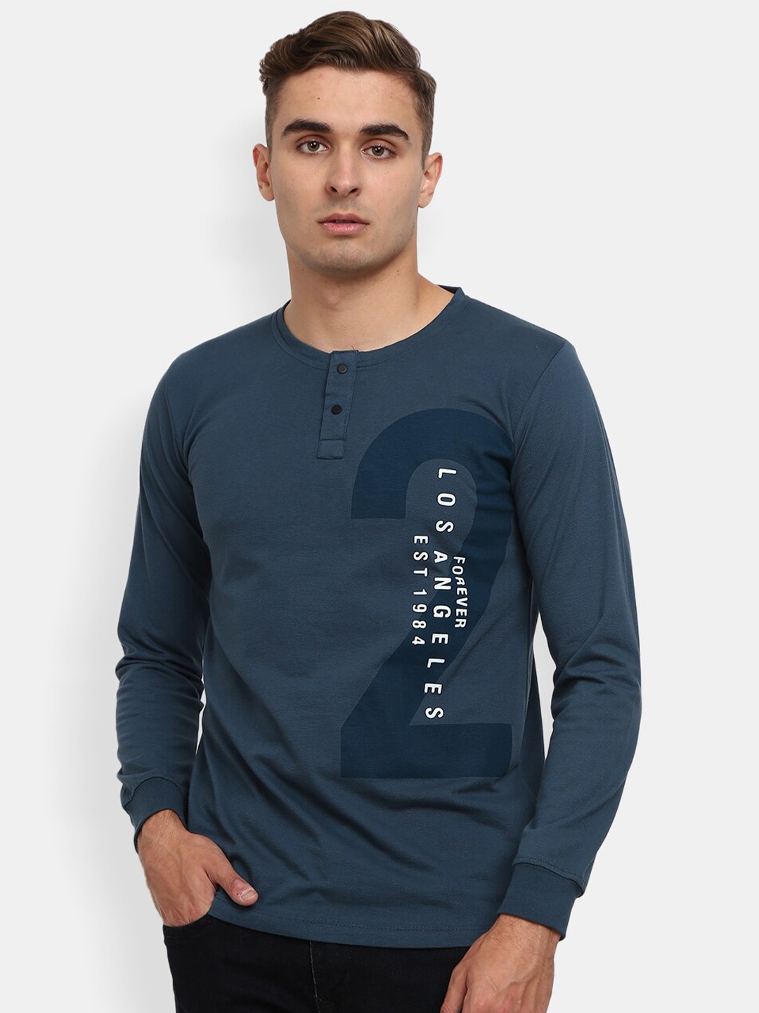 

V-Mart Men Teal Typography Printed Henley Neck Cotton T-shirt