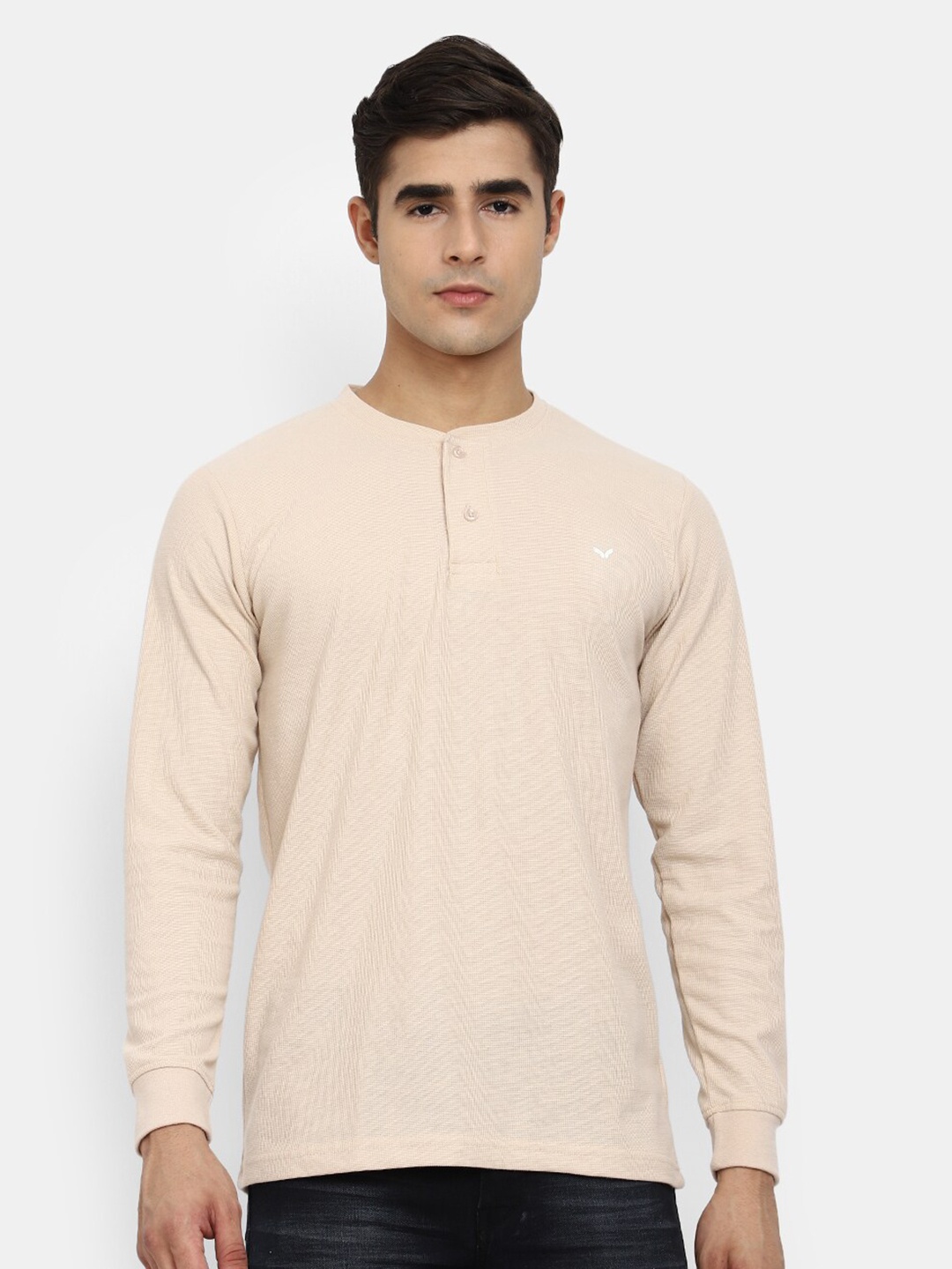 

V-Mart Men Beige Henley Neck Cotton T-shirt