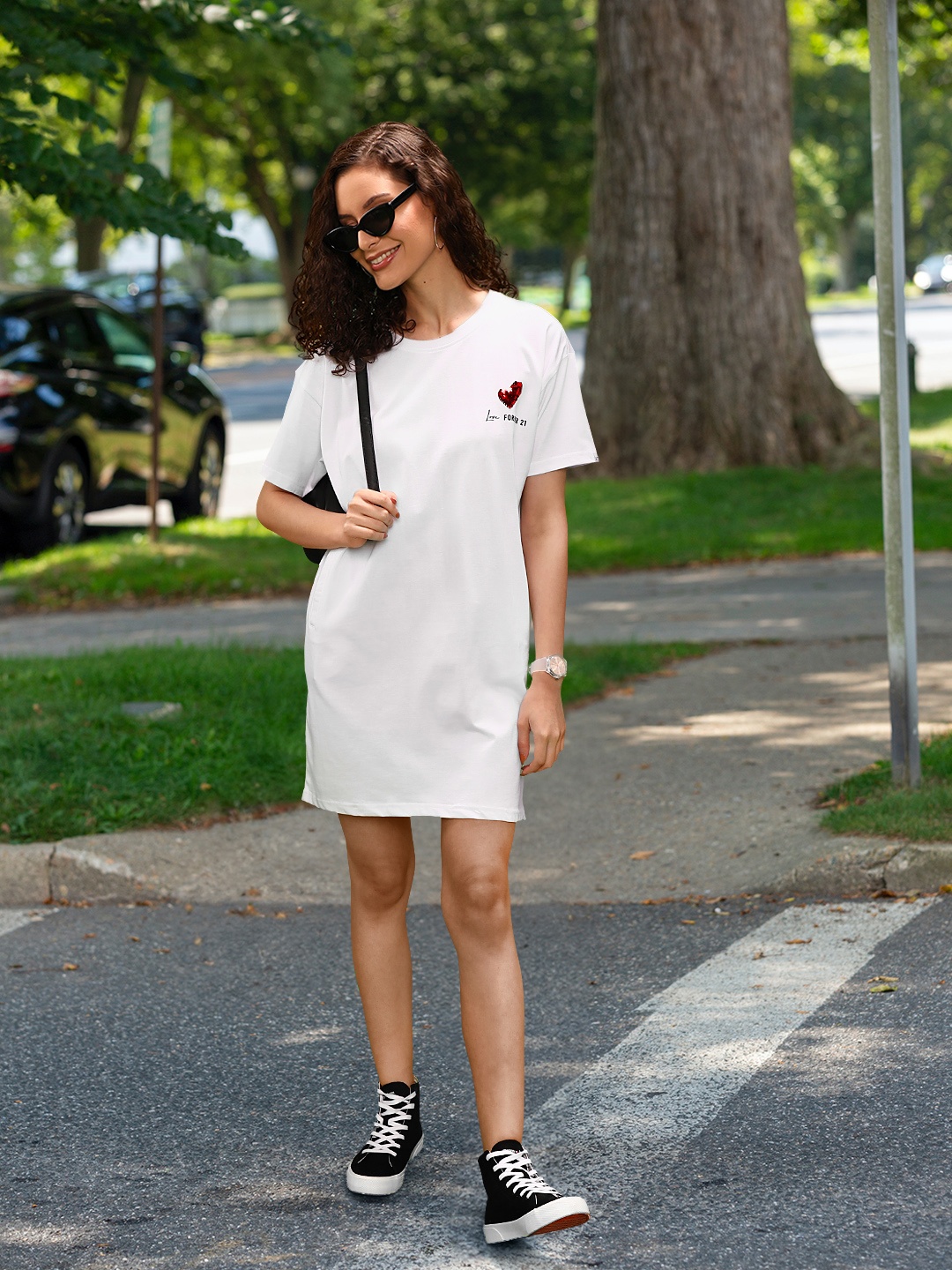 

FOREVER 21 White Solid Pure Cotton T-shirt Mini Dress