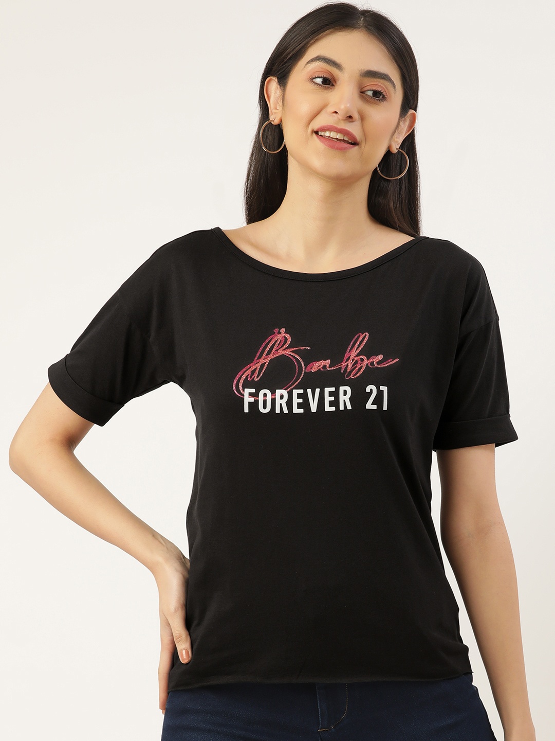 

FOREVER 21 Black Brand Logo Print Boat Neck Extended Sleeves Raw Edge Regular Top