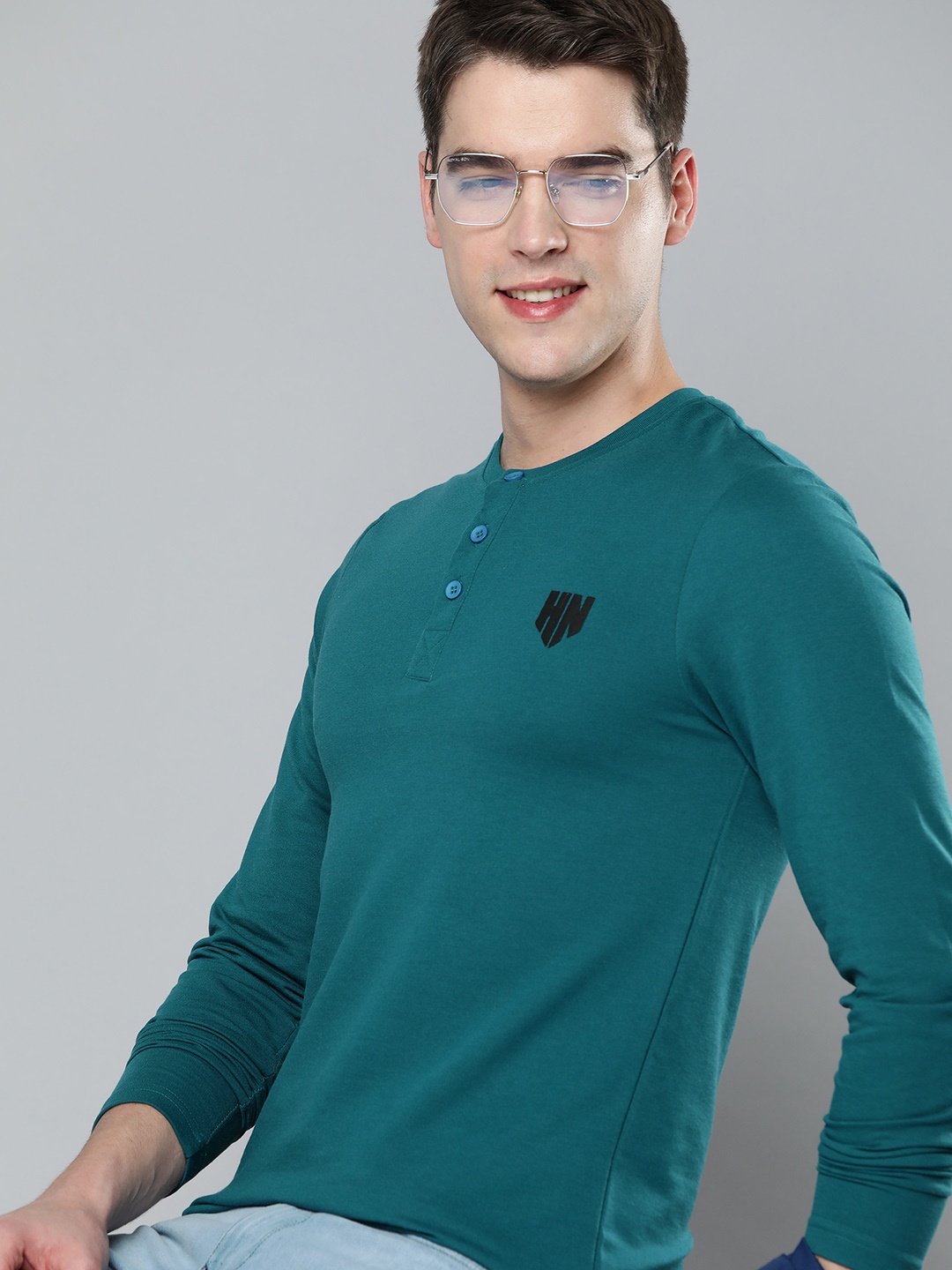 

HERE&NOW Men Teal Blue Solid Henley Neck T-shirt