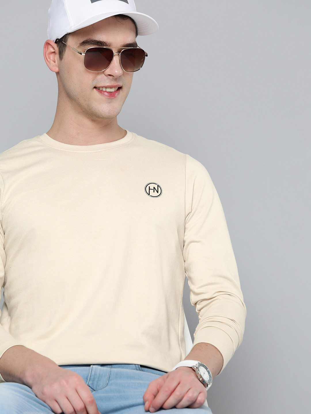 

HERE&NOW Men Cream-Coloured Solid T-shirt