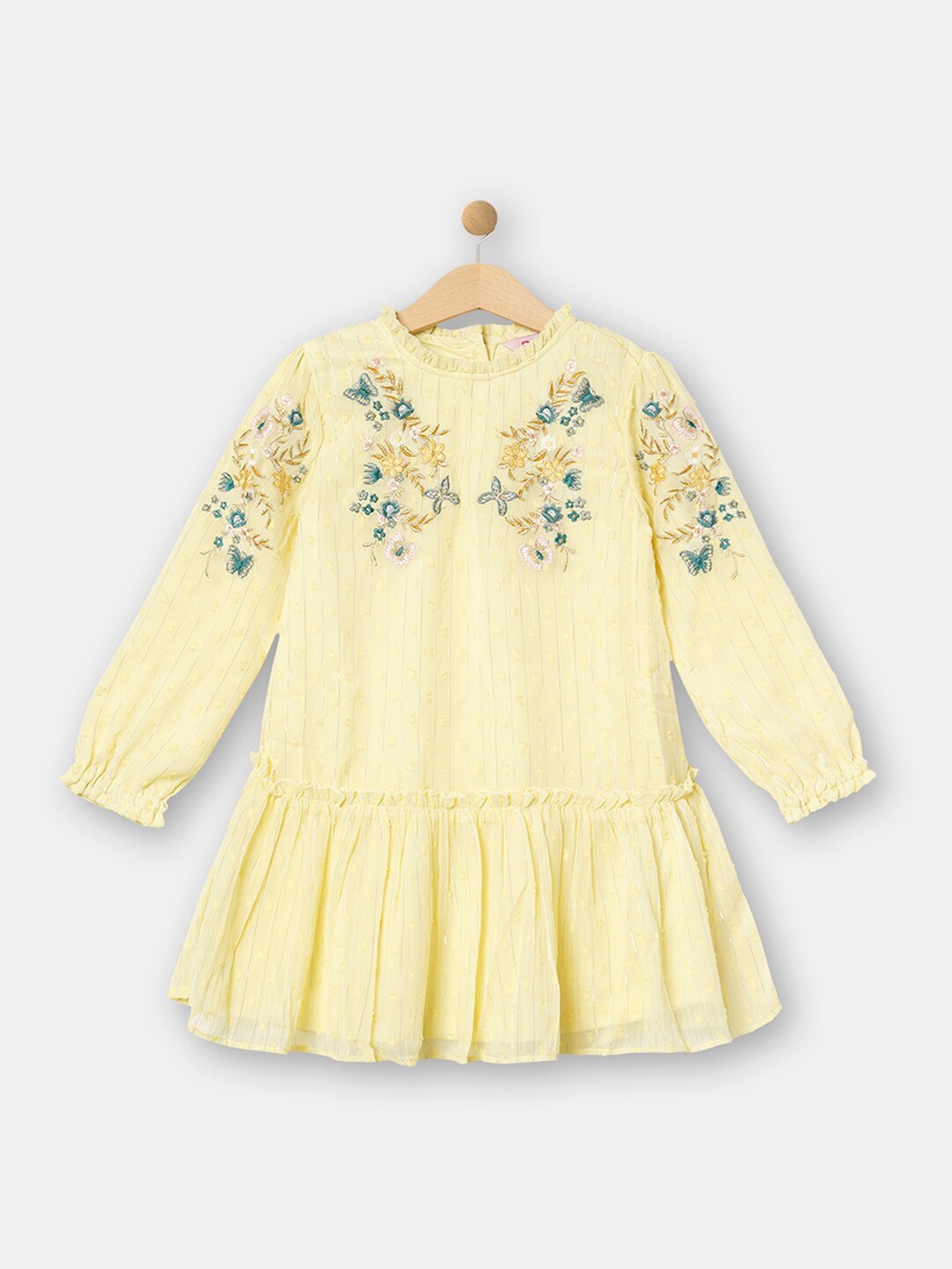 

R&B Girls Yellow & Green Floral Embroidered Peplum Dress
