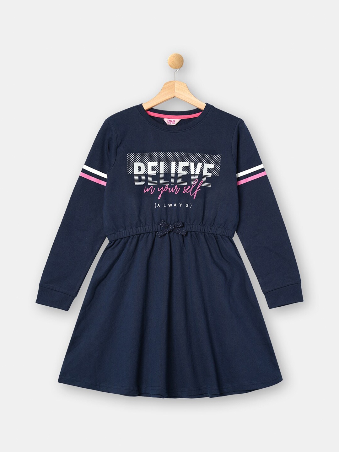 

R&B Blue & Pink Cotton Printed Dress, Navy blue