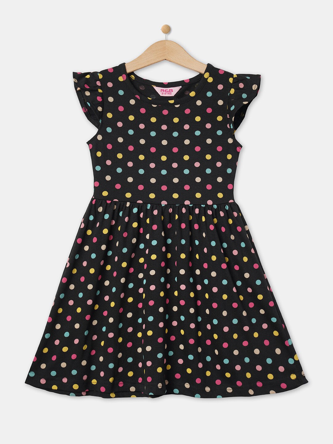 

R&B Girls Black & Yellow Polka Dot Printed Cotton A-Line Dress