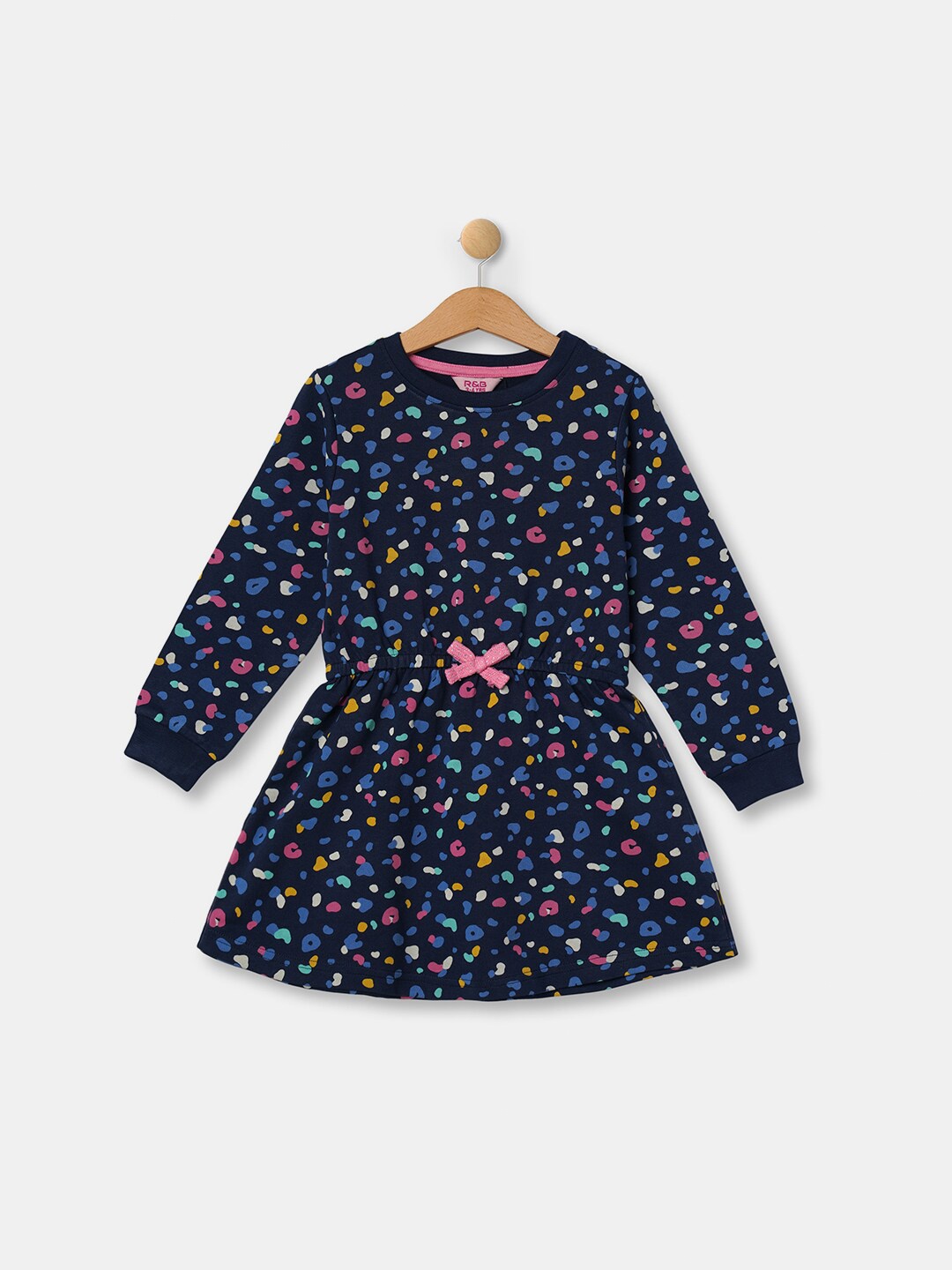 

R&B Kids Girls Blue Abstract Print Round Neck Long Sleeves Cotton Midi Dress