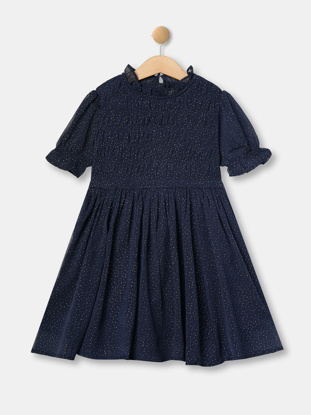 

R&B Navy Blue Fit & Flare Printed Smocked Detail Dress