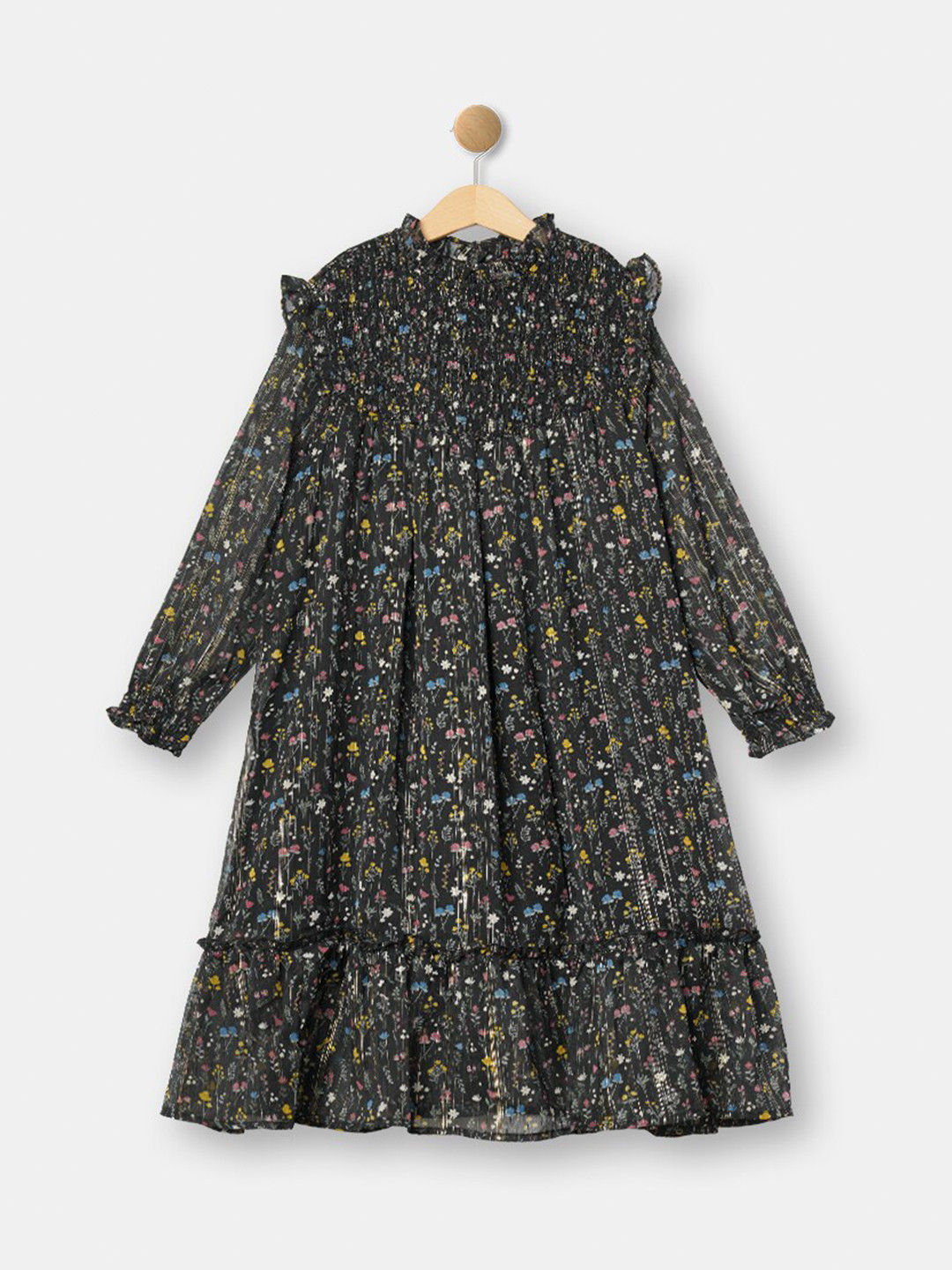 

R&B Kids Girls Black Floral Print Long Sleeves Smocked Cotton A Line Dress