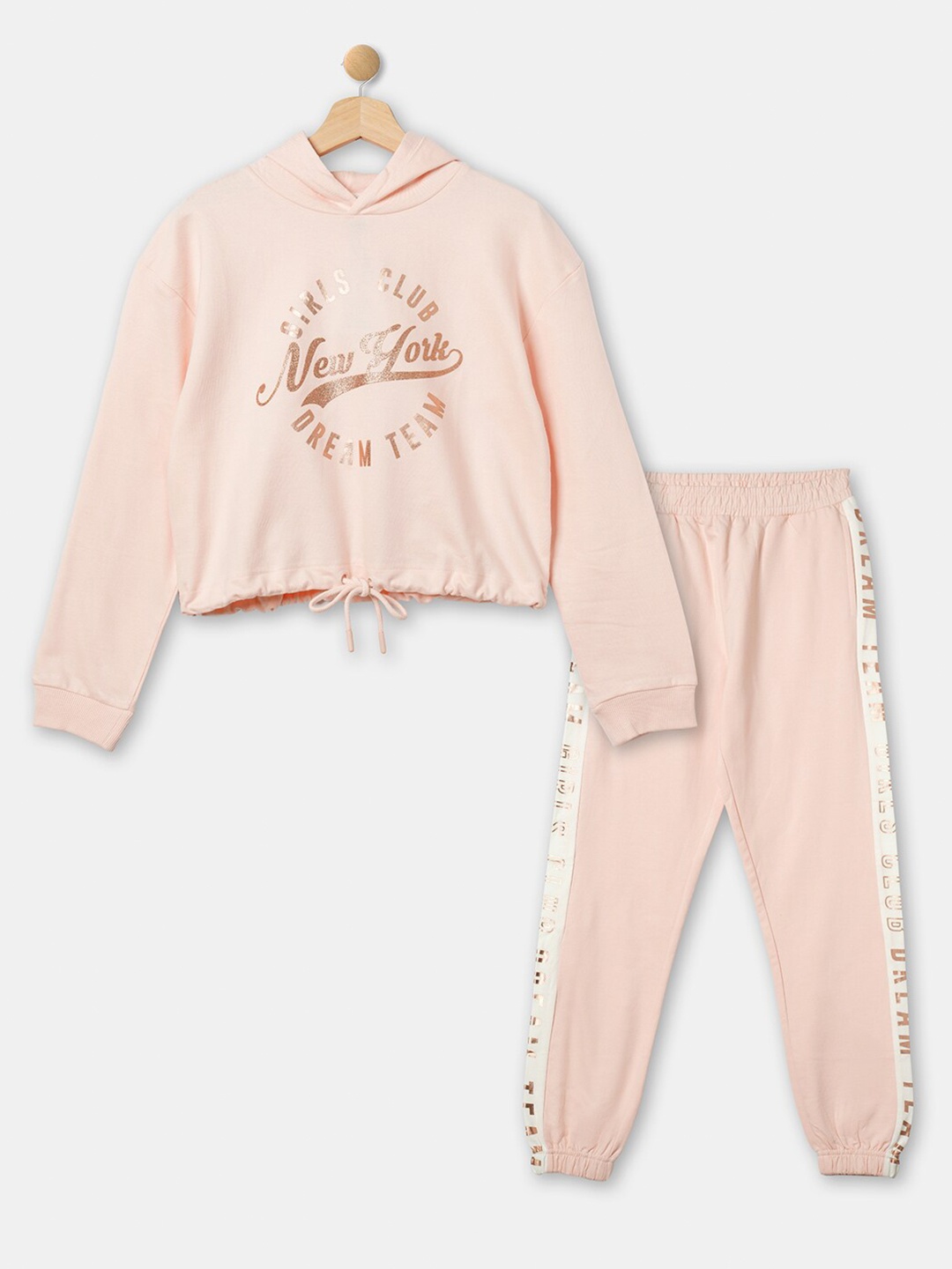 

R&B Girls Peach Printed Hooded Sweatshirt & Joggers Clothing Set