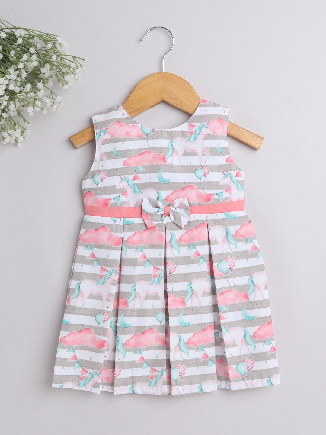 

The Magic Wand Grey & Pink Striped A-Line Dress