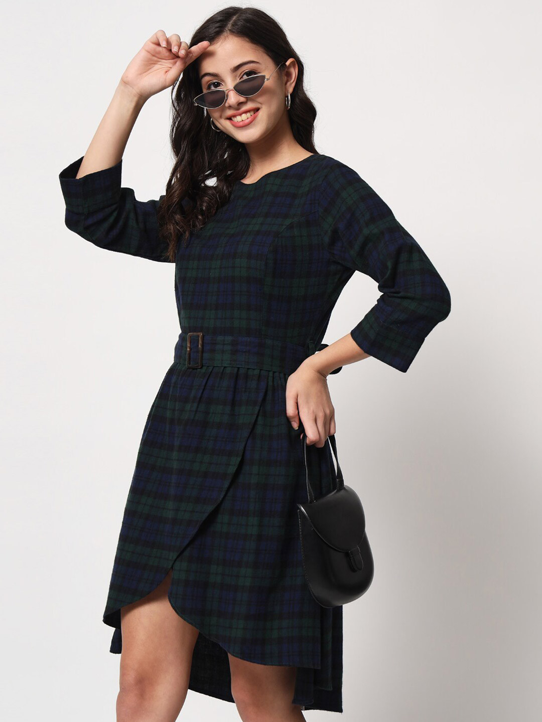 

CHARMGAL Women Blue And Green Tartan Checked Tulip Hemline Cotton A Line Dress