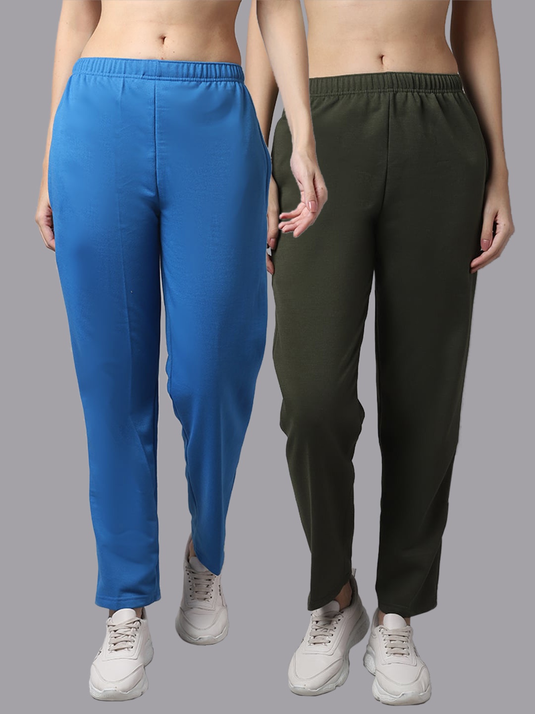 

VIMAL JONNEY Women Pack Of 2 Blue & Olive Green Solid Pure Cotton Track Pants