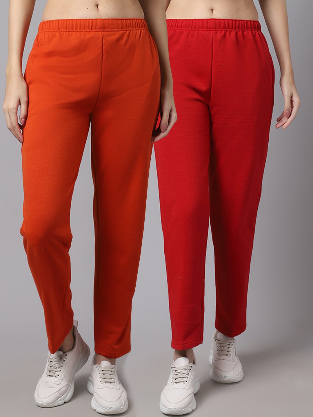 

VIMAL JONNEY Women Pack Of 2 Solid Pure Cotton Track Pants, Red