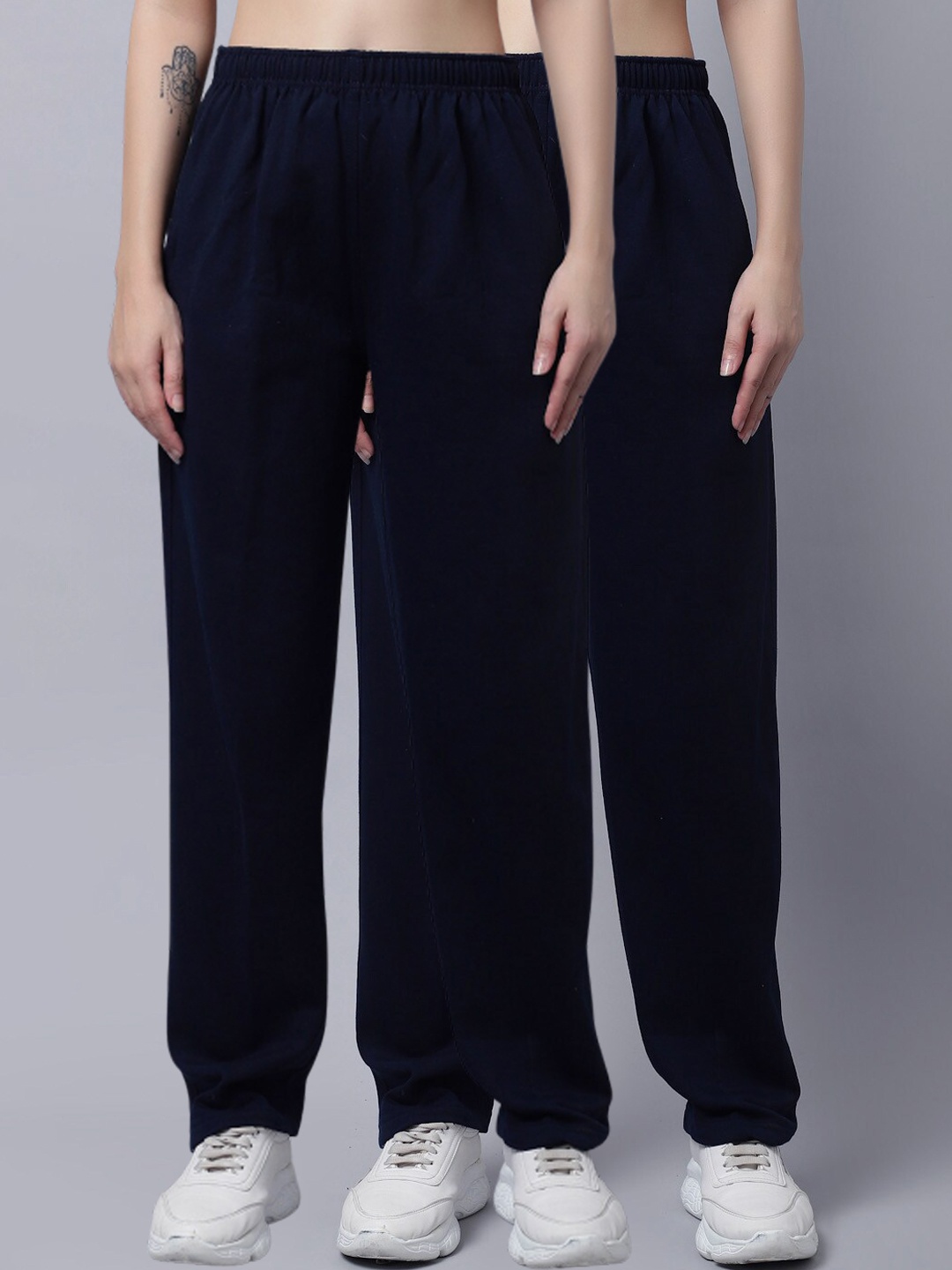 

VIMAL JONNEY Women Pack Of 2 Navy Blue & Black Solid Pure Cotton Track Pants