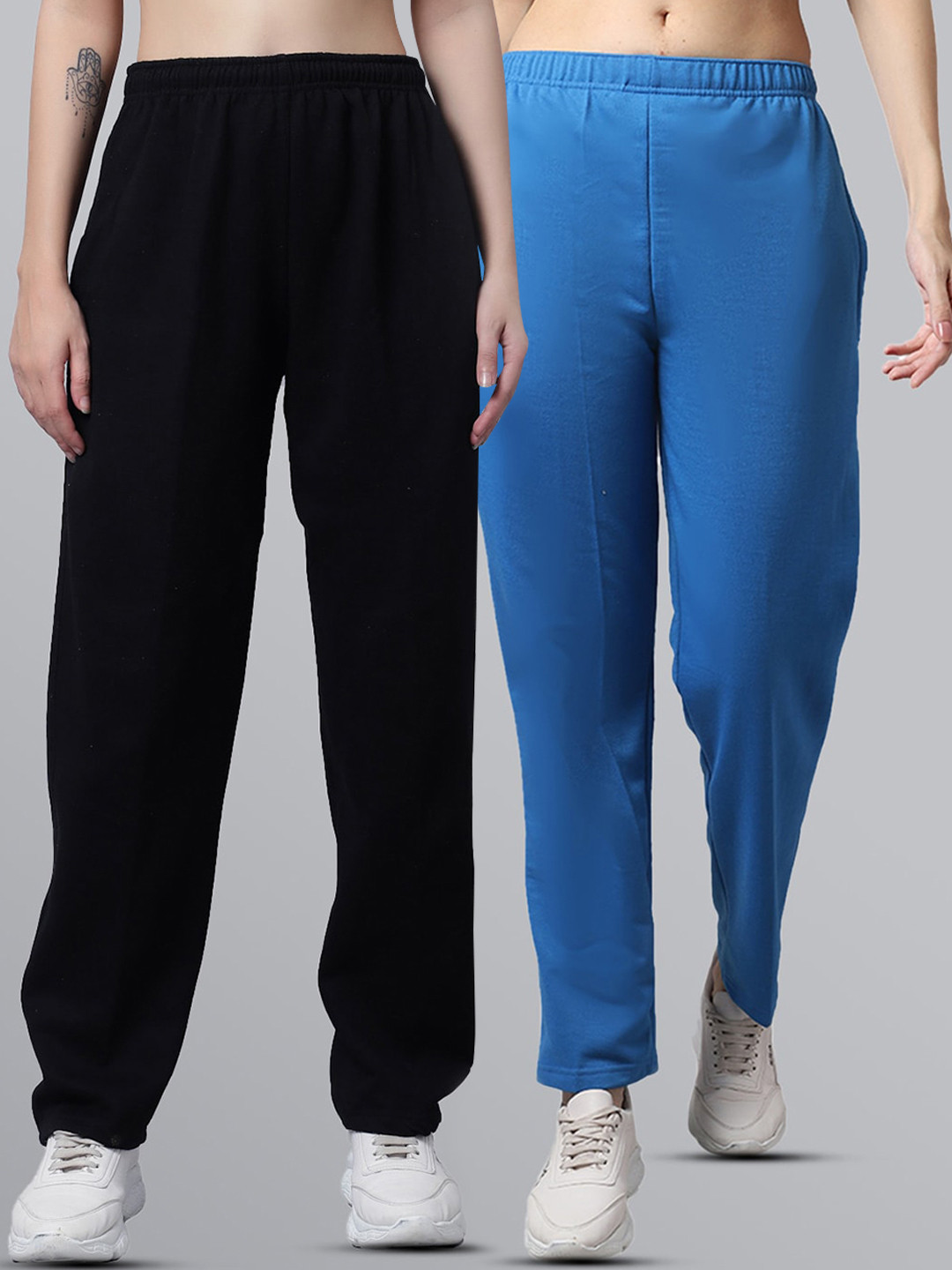 

MACK JONNEY Women Pack Of 2 Blue & Black Solid Pure Cotton Track Pants