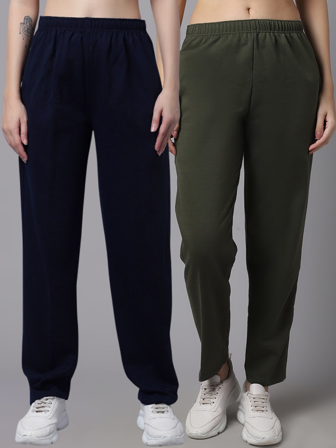 

VIMAL JONNEY Women Pack Of 2 Black & Olive Green Solid Pure-Cotton Track Pants