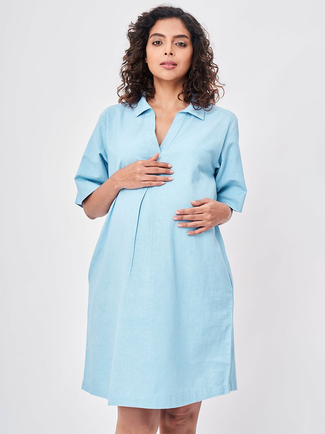 

Ed-a-Mamma Blue Solid Maternity Shirt Dress