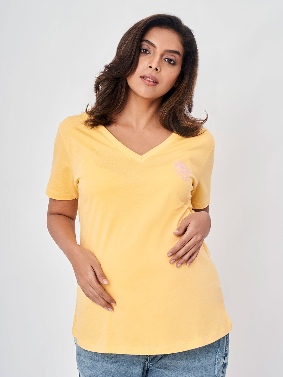 

Ed-a-Mamma Women Yellow V-Neck Cotton Maternity T-shirt