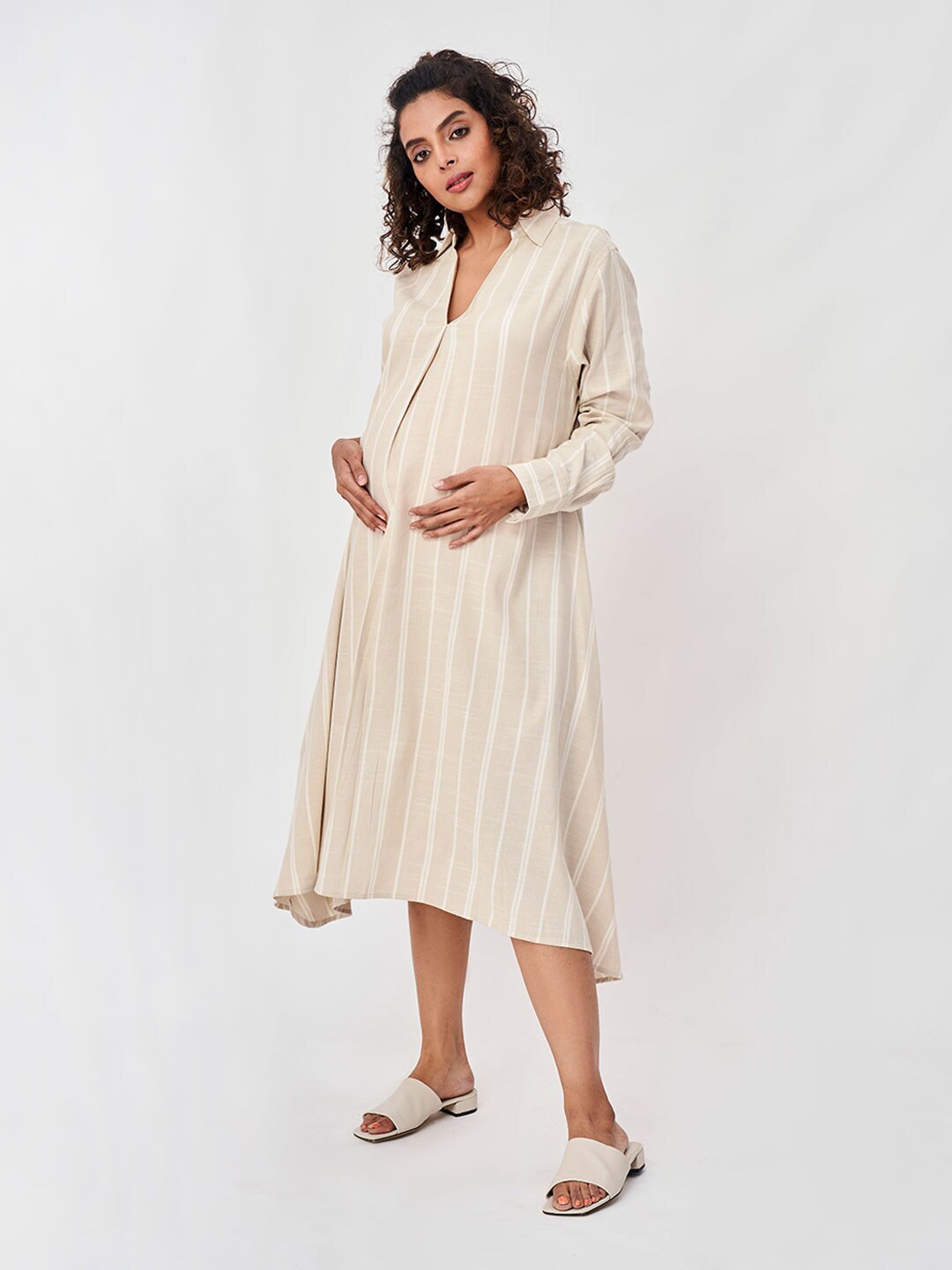 

Ed-a-Mamma Women Beige Striped Maternity A-Line Midi Dress