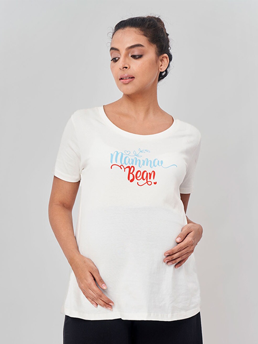 

Ed-a-Mamma Women White Typography Printed Cotton Maternity T-shirt